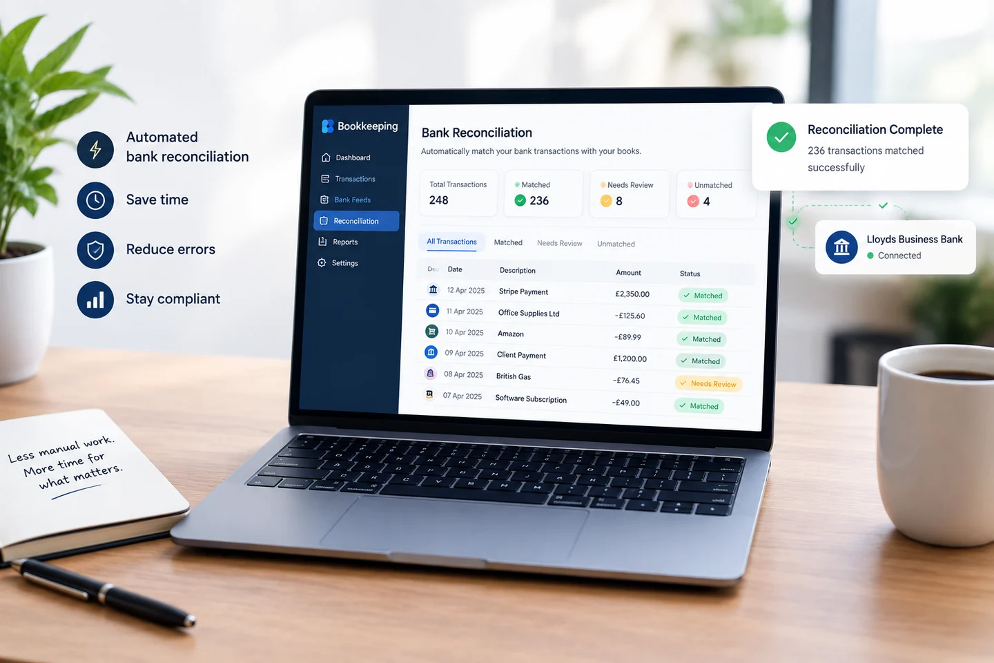Review automated bank reconciliation for small business bookkeeping