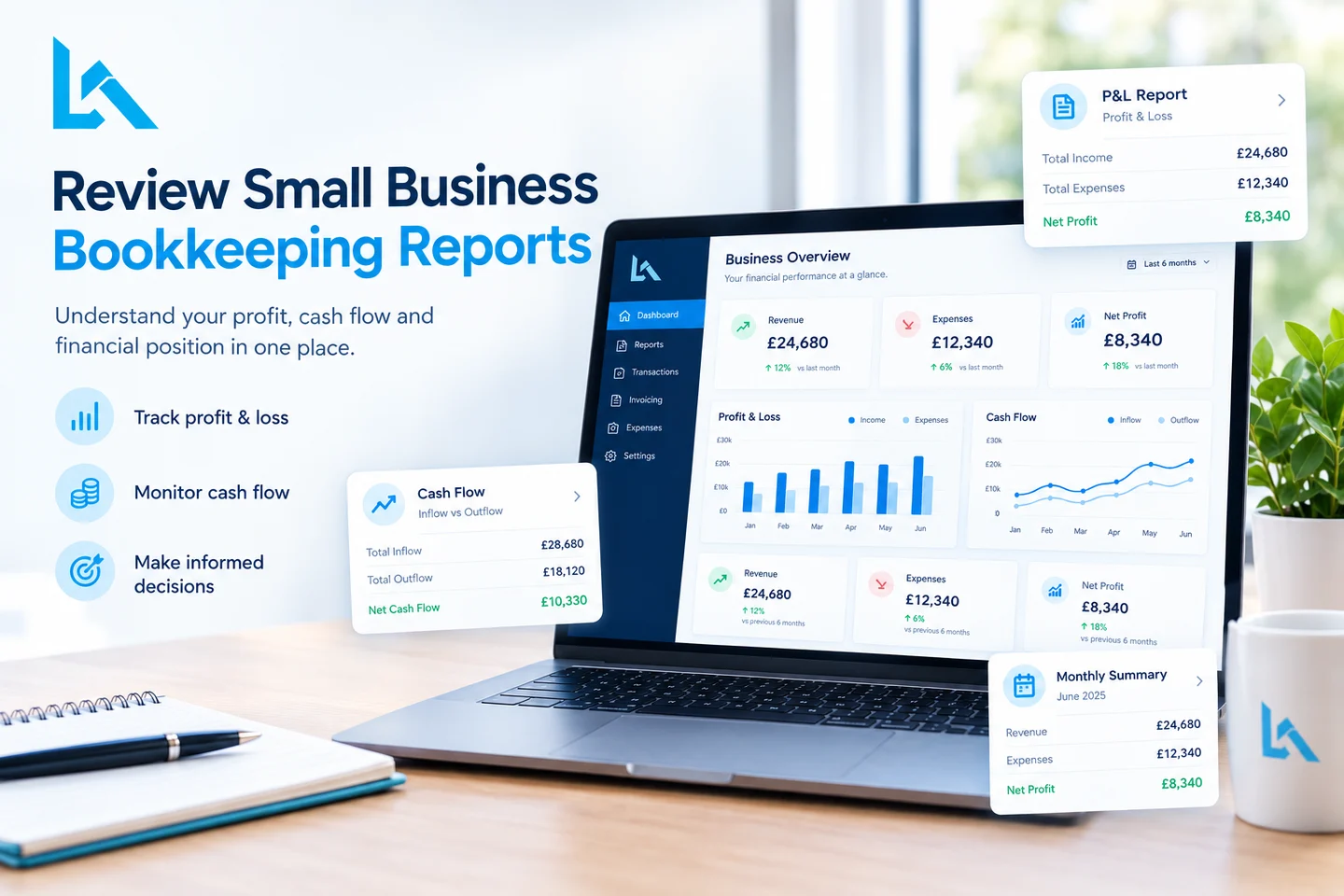 Review small business bookkeeping reports and cash flow