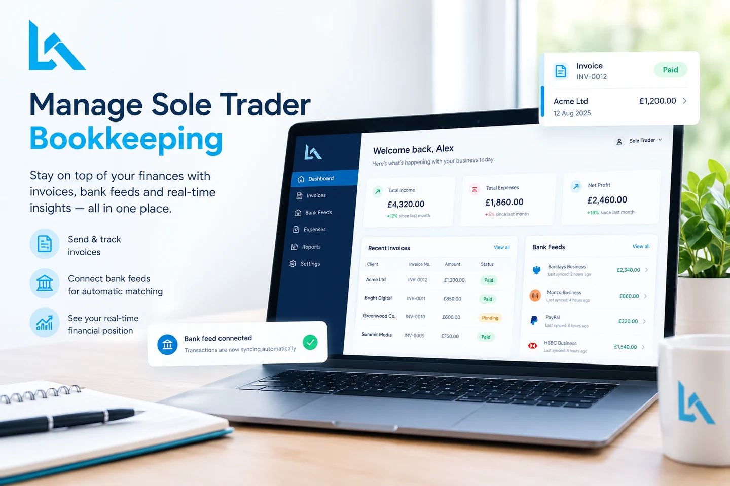 Manage sole trader bookkeeping with invoices and bank feeds